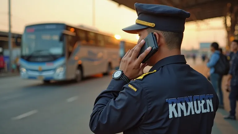 of an Indonesian policeman standing in front of the camera, wearing a uniform with reflective strips and hat. The policeman was on the phone using the mobile phone, The background is terminal and the atmosphere of bus vehicles and angkot during the day. hy...