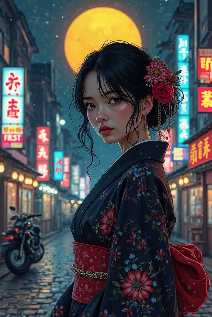 L’image est une œuvre d’art numérique qui représente une jeune femme japonnaise superbe aux cheveux noirs relevés en chignon orné de fleurs rouge. Son expression est sérieuse, presque mélancolique. Elle est vêtue d’un kimono noir à manches longues, richeme...