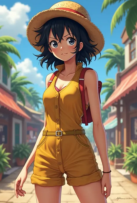 A female one-piece character,  with black hair, with a strong resemblance to Monkey D. Luffy and in not so revealing clothes