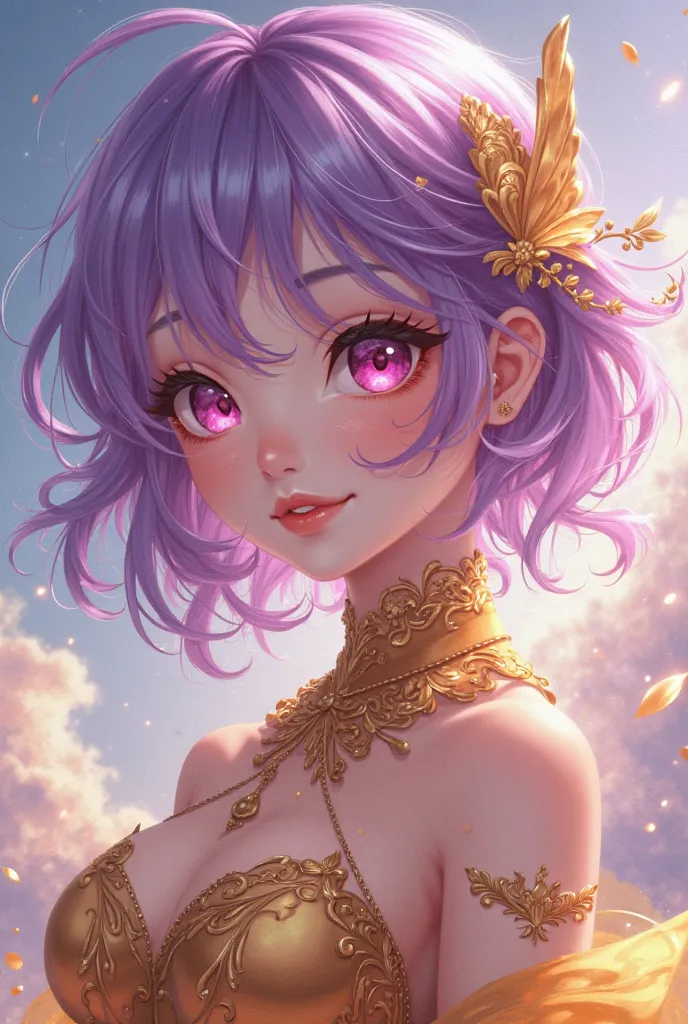 16-20 years old girl with purple hair, pink eyes in golden outfit. Anime style