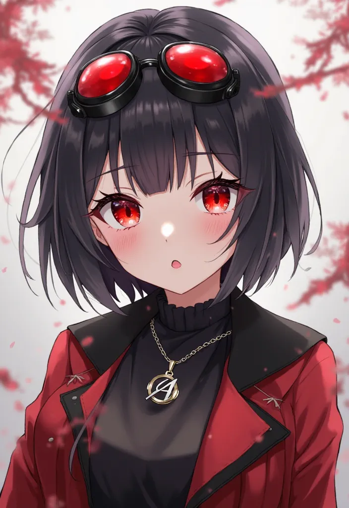 Anime type with short black hair with red lenses on his head black eyelashes with a short red black jacket with a short red blouse and a necklace from the initial A