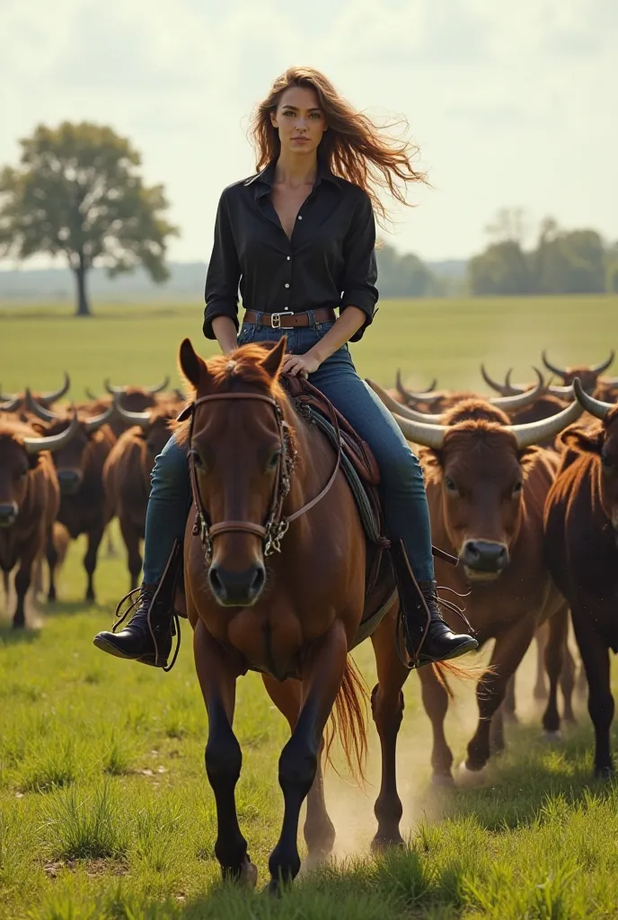   An extremely attractive woman , confident and determined looking, she is riding a strong and imposing horse, driving several oxen on a farm. She wears brown leather boots, with tight jeans that highlight your legs, and a short sleeve black shirt,  that f...