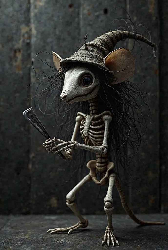 Skeletal mouse with hat and long hair holding a razor to cut hair on black metallic background