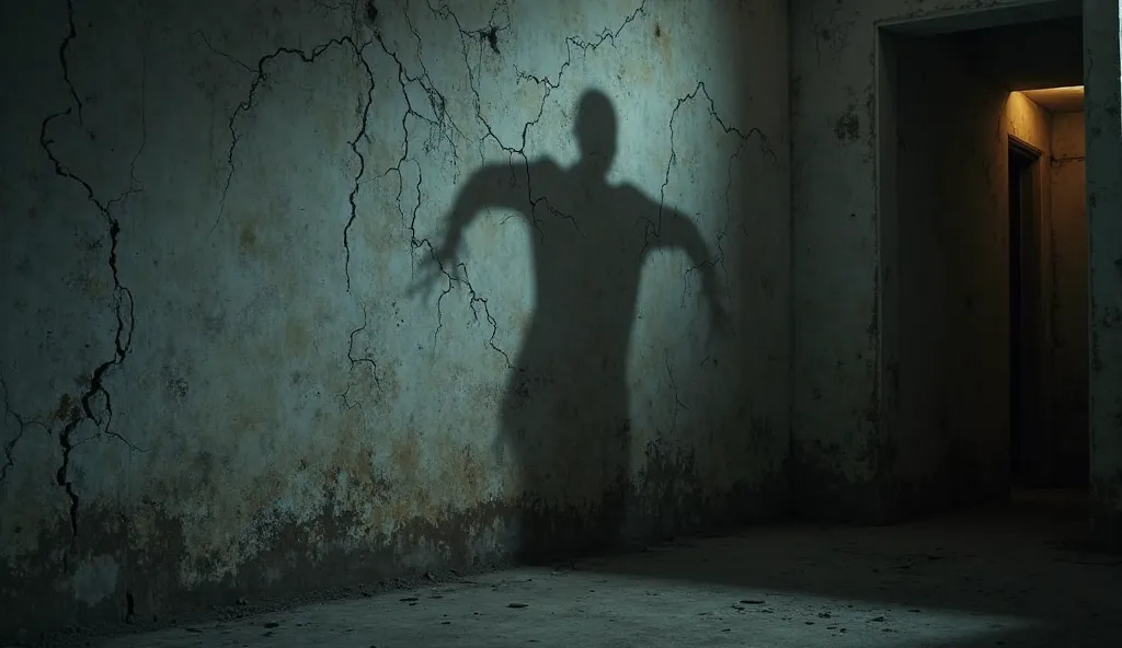 "Dark shadow expanding on a wall, filmed with Sony FE 50mm f/1.2 GM , sharp details in the wall cracks, faint receding light, hyperrealistic style, dancing, sense of threat."