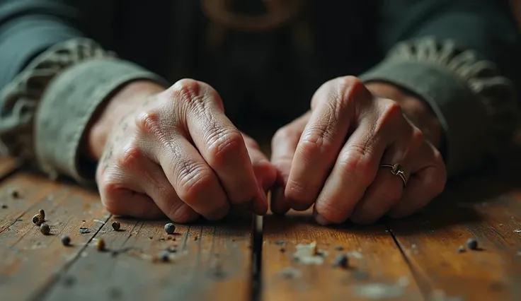 "POV perspective of hands squeezing a table, captured with Sony FE 24-70mm f/2.8 GM, nails stuck in wood, blurred background with shadows getting closer,  realistic details on the skin, high resolution, intense emotion."