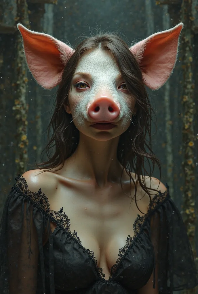 Creates an image of a sexy woman, with clothes, She wears a pig's snout on her face and a woman's face 