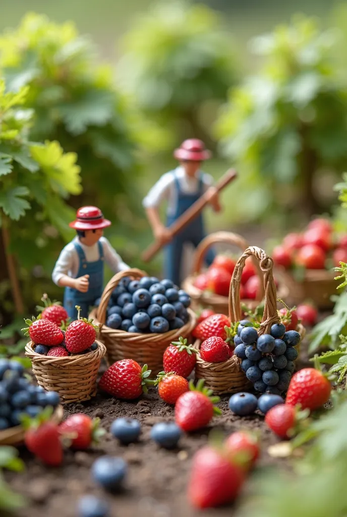 A miniature farm scene with tiny farmers carefully picking fresh grapes, strawberries, and blueberries from vibrant orchards. The fruits are plump and juicy, with bright colors. Tiny baskets overflow with the harvest, ready to be transported