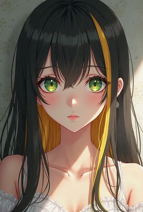 Make an image of an anime girl with black hair with blonde locks,  green eyes and fair skin