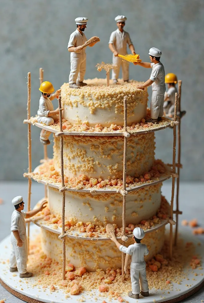 Bakers & Pastry Chefs: Miniature pastry chefs constructing a multi-layered cake like a skyscraper. Scaffolding made of sugar surrounds the cake as workers apply frosting with giant spatulas and sprinkle decorations like construction workers handling materi...