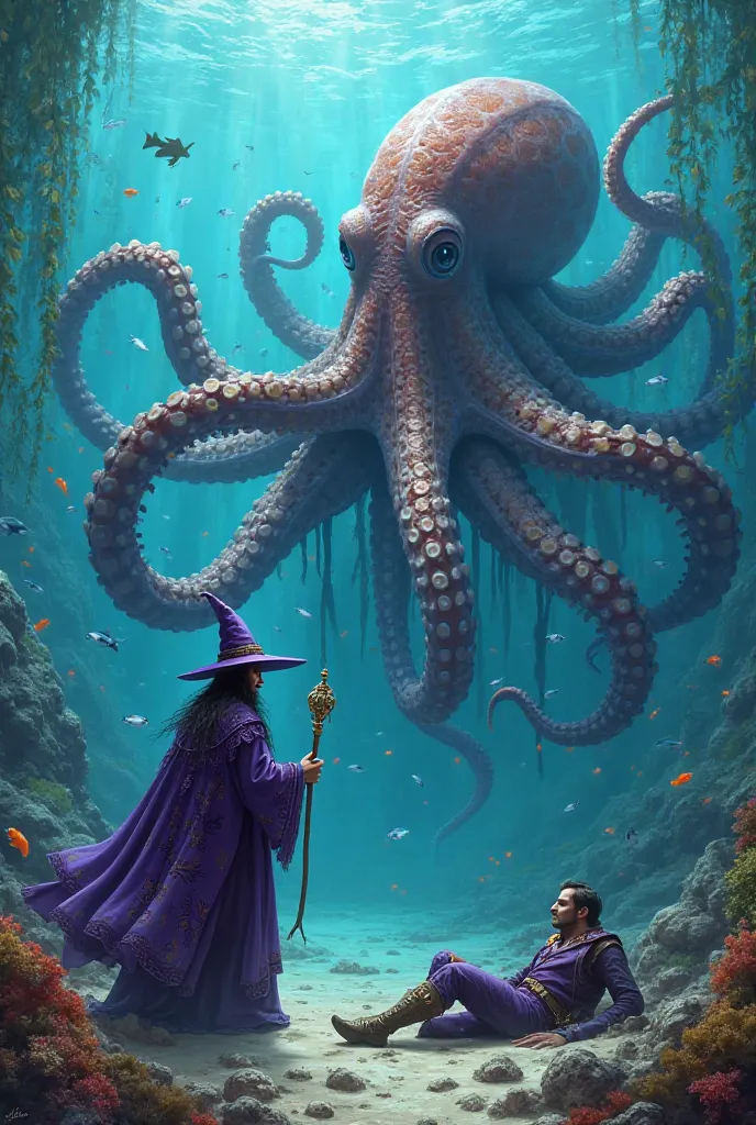 A wizard wearing a purple hat and a scepter under the sea facing a giant octopus with lots of tentacles. Next to them is another magician lying clutching his leg in pain 