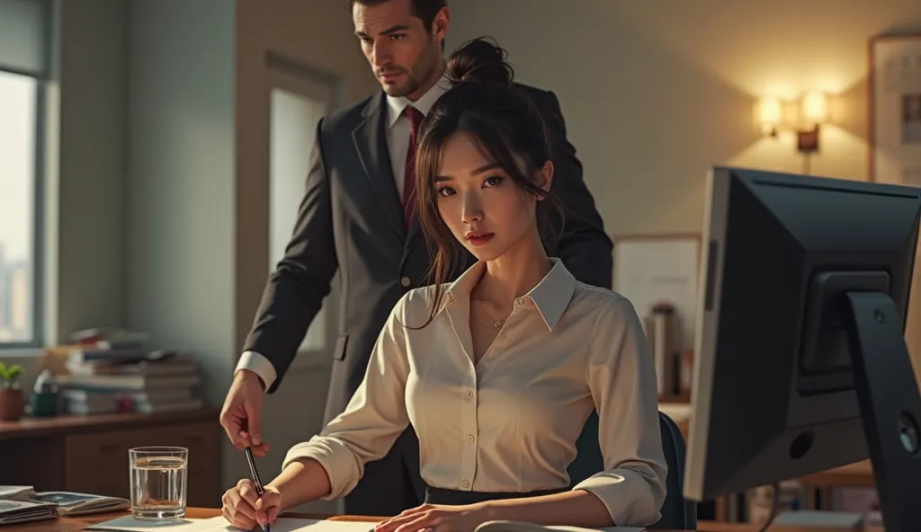 In front of the image a secretary and behind her boss looking at her with desire 