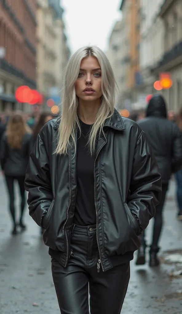 A rebellious, free-spirited woman embodying the essence of Berlin. Her straight, effortlessly cool hair ranges from platinum blonde to jet black. Her icy blue, steel gray, or deep brown eyes reflect a city that has seen history and reinvention. She wears m...