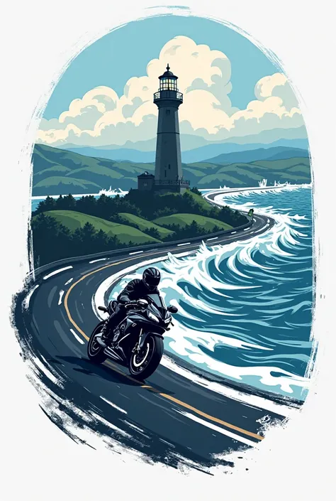 Peux-tu me creer un logo qui fusionnerait la vision de la moto vue de loin dans une série de virages, la serie de virages serait imagee par les vagues et a la place des montagnes, le phare de cordouan