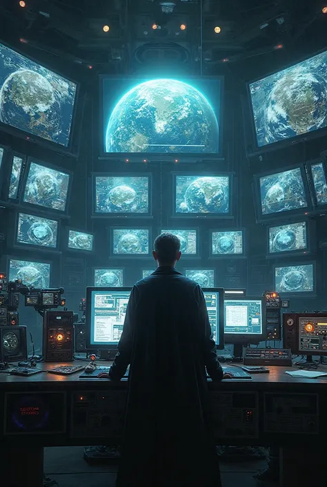 A dark room filled with monitors displaying images of the Earth, controlled by an unknown intelligence, as if we were being observed.