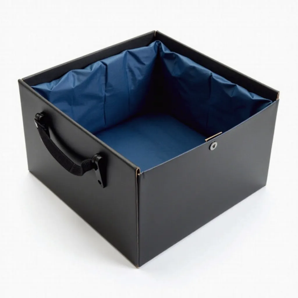 "An empty, square black shoebox with a flat, retractable design. The top part of the box is black, while the retractable section is in indigo blue. Inside the retractable section, there is blue packing paper filling the entire space. On the sides of the ma...