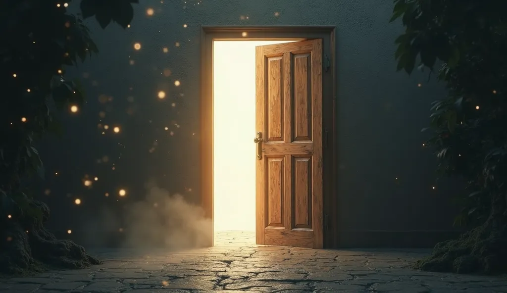 "Wooden door half open with intense white light, captured with Sony FE 24mm f/1.4 GM, particles flying in slow motion, sharp details in the wood texture, high resolution, sense of salvation."