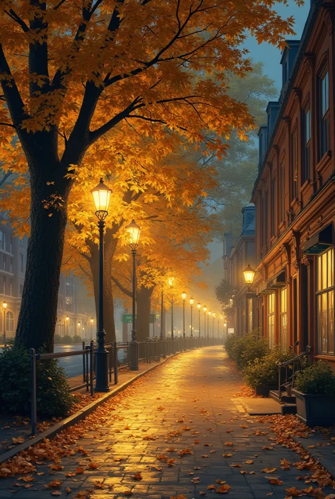 I want an image of the street at night. I want them to have yellow-leaved trees 