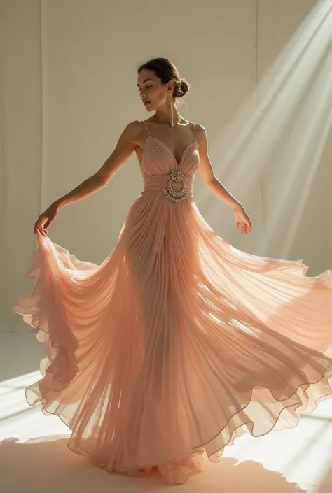 A mid-action shot of a model twirling slightly, showcasing the movement of her flowing Valentino gown. The fabric catches the light beautifully.