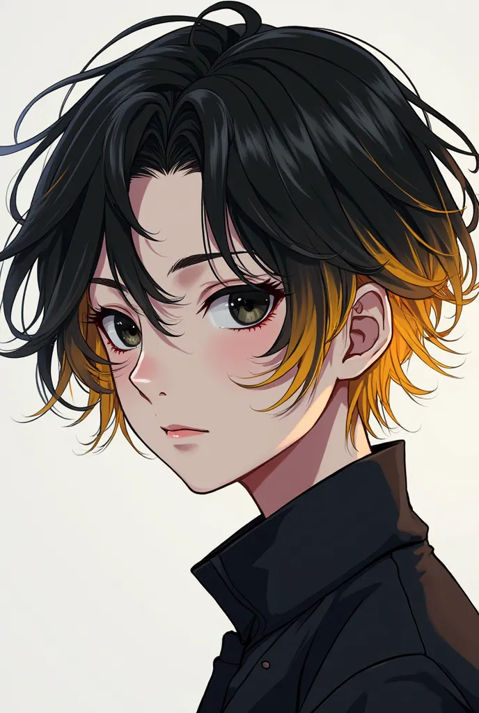 Make an image of an anime boy with black hair and blonde locks, black eyes and fair skin