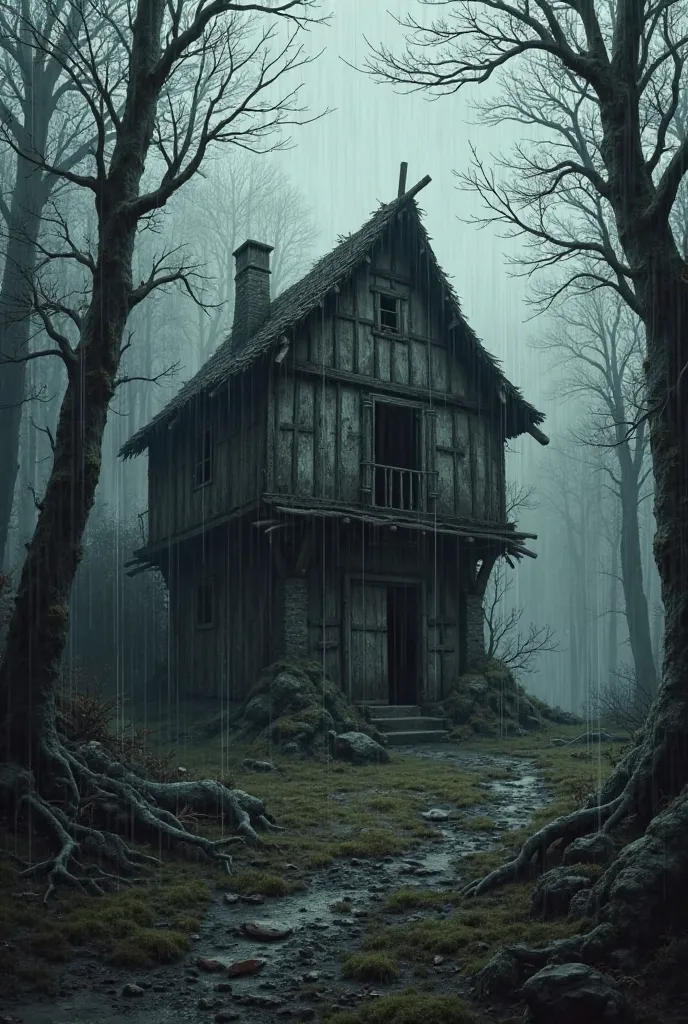 Draw a dark drawing where a gloomy sagging medieval peasant house stands amidst a gloomy gray forest,it's raining and thunder (thunder is not strong)everything should be in black and gray 