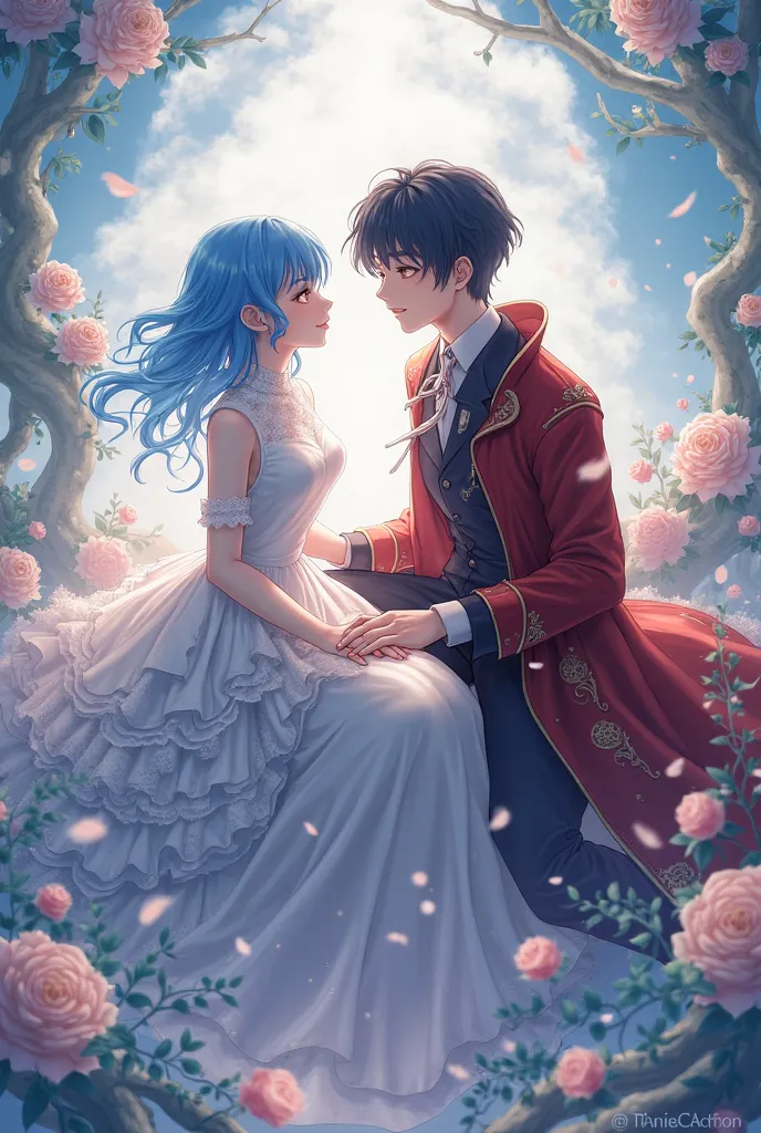 yukihana lamy a girl wearing semi formal clothes with blue hair yellow eyes with shu a boy with black hair with red eyes while wearing a red and black coat in a fantasy style 