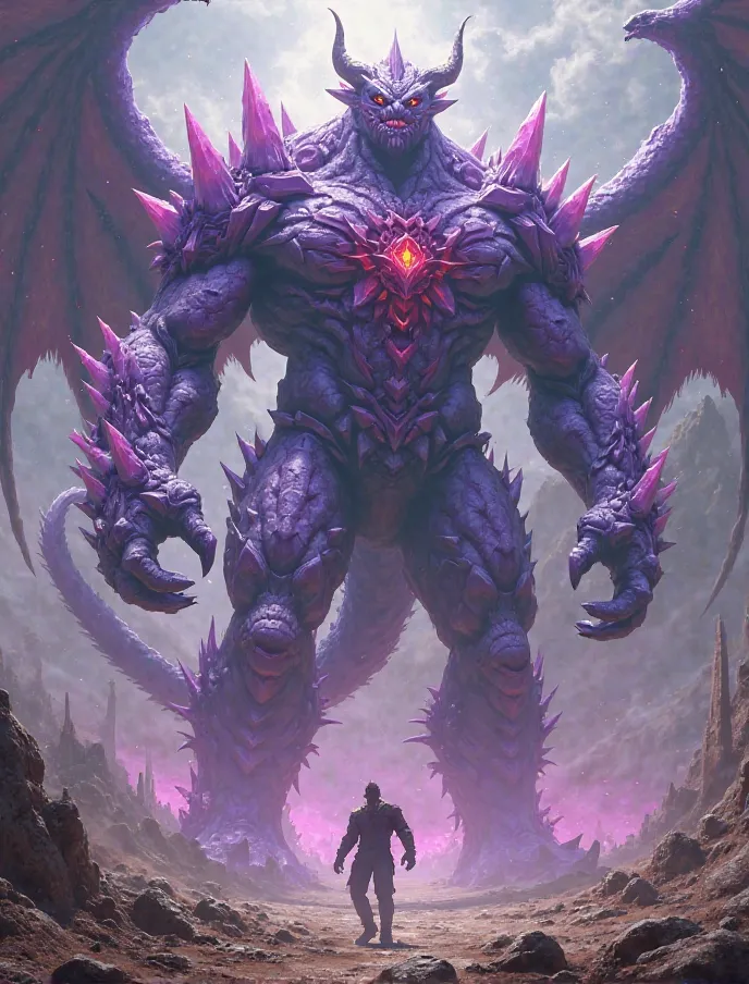 Make Naga-Colossus, a demonic titan covered in purple crystals sticking out of his shoulders, Horns, red eyes, long tail, dragon wings and a purple crystal on his chest.