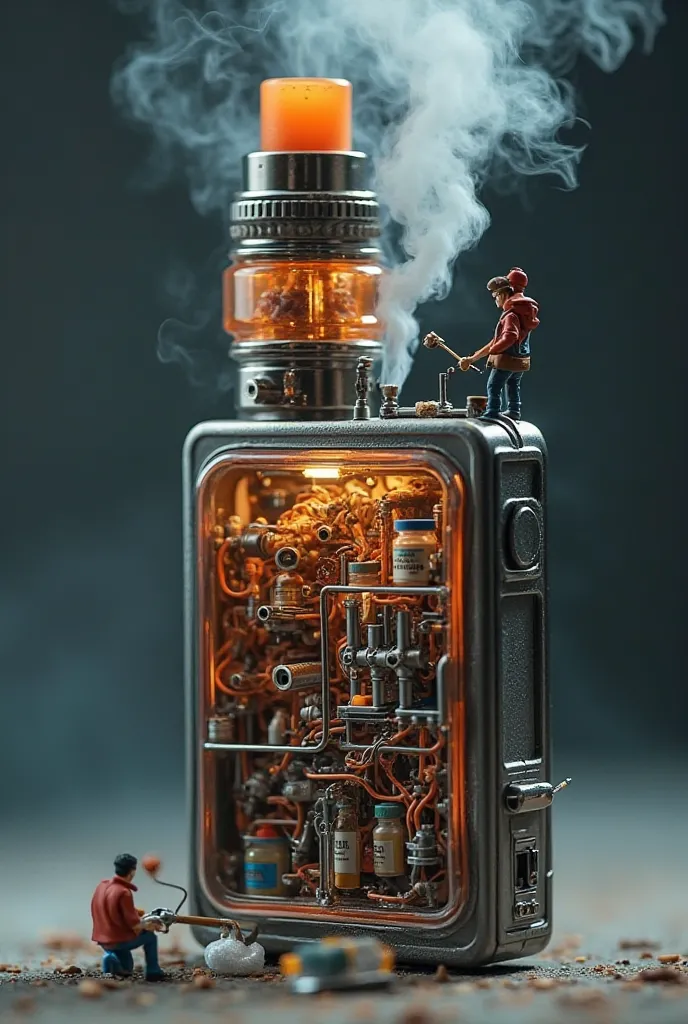 "A journey inside the vape: The story you don’t see"

Suggested scenes:

1. The opening :

Close-up shot of a large vape, and suddenly "Camera zooms out" As if it’s entering the device.

We see small models working inside the vape, like factory workers.


...