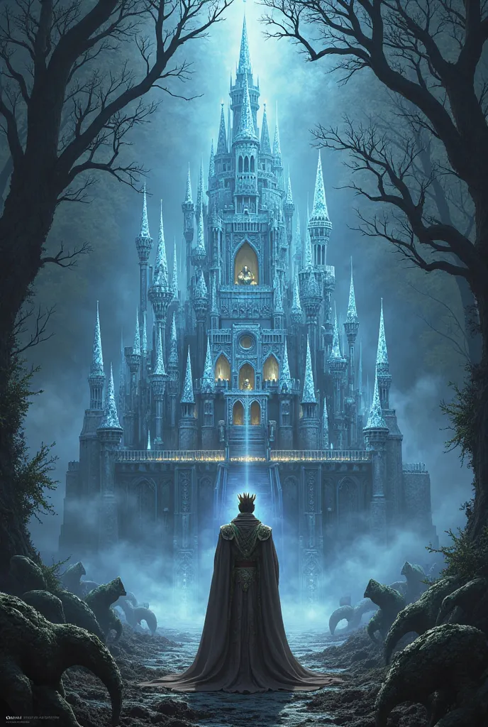 A castle illustrated with diamonds in the middle of a dark forest,  with the king on the balcony watching the monsters that surrounded his castle