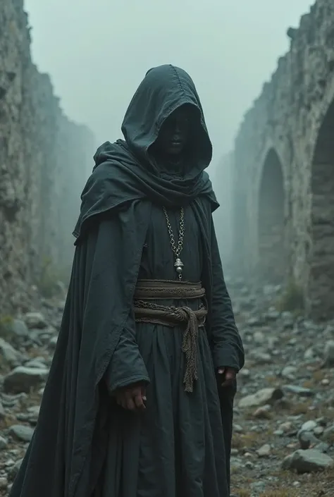 A hooded young man standing in a ruined landscape, his face partially hidden. Underneath his hood, his empty silver eyes glow faintly, as if holding forgotten histories. His long robes flow around him as though caught in an unseen current of time. The air ...