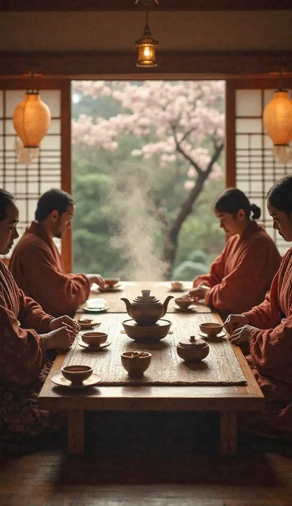 Create an image of a traditional tea ceremony in a cozy, atmospheric setting. In the center of the composition is an elegant tea table with a ceramic teapot, cups and steam rising from freshly brewed tea. Around the table are people in traditional oriental...