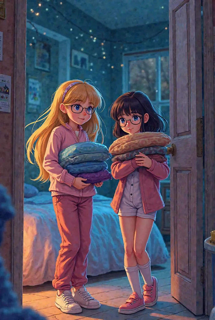 A blonde girl and a girl with brown hair and glasses having a pajama party are opening the door to sneak out of the house and bring a lot of blankets