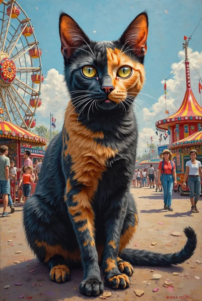 oil painting. an amusement park . A full-bodied cat. Black and orange,  mottled , Carey breed. His face is split in two colors