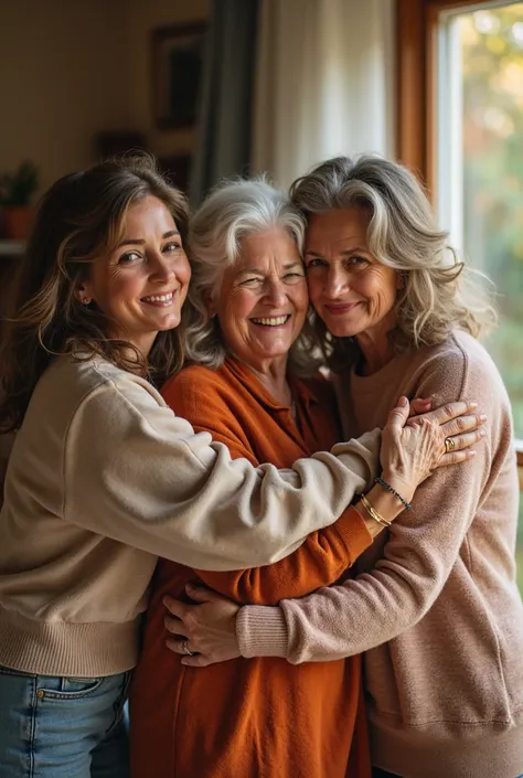 realistic photo of 4 women at different stages of their lives hugging each other and smiling