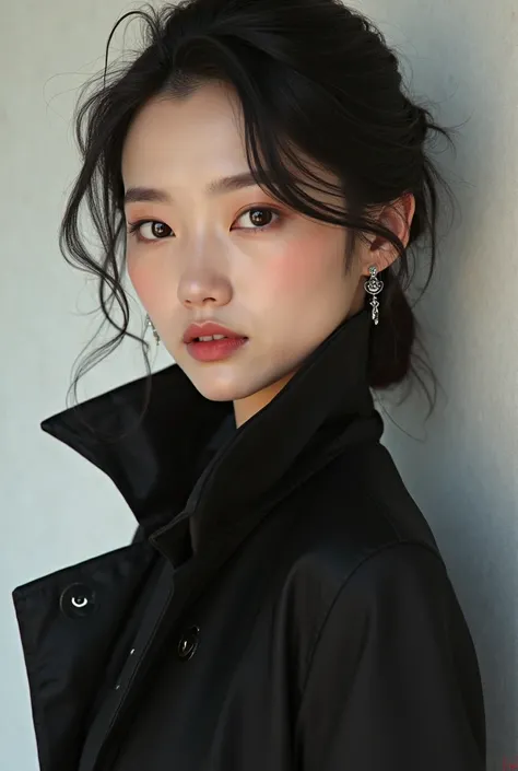 ultra realistic Asian women with serious black clothes, Elegant and feminine for advertising elegant black women's clothing.