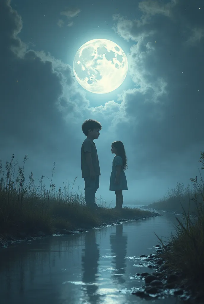 Boy disappearing in the moonlight next to a girl