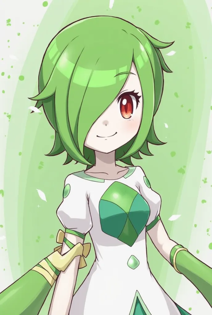 gardevoir, cute magical girl outfit, creatures \(company\), game freak, nintendo, pokemon, pokemon \(game\), bangs, colored skin, female focus, flat chest, gen 3 pokemon, green hair, green skin, hair over one eye, multicolored skin, pokemon \(creature\), r...