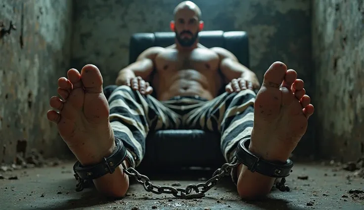 fullbody photo of a very muscular bald goodlooking convict wearing dirty and worn horizontally black and white striped prisonpants, very massive and thick metal shackles around his feet, very thick and heavy chain between the feet, low angle perspective, f...