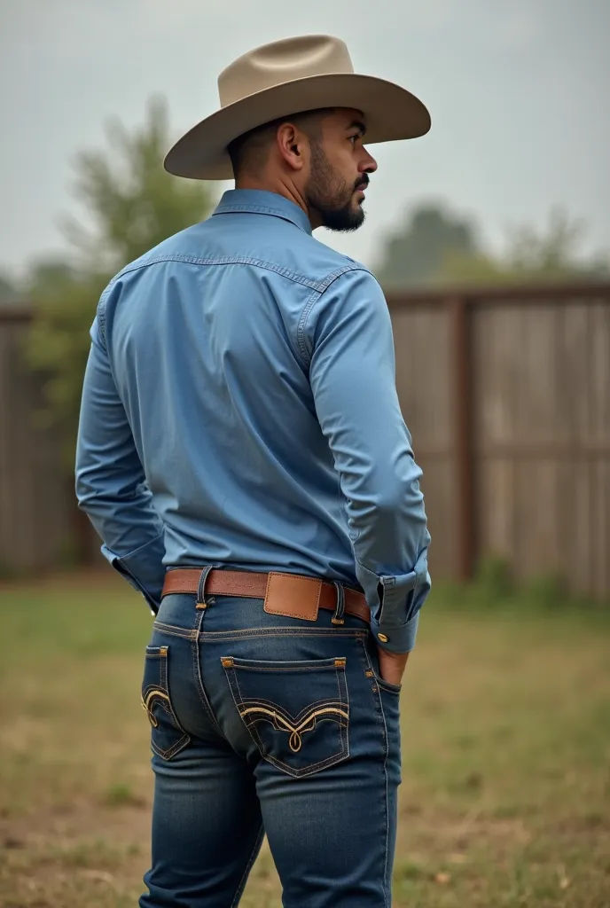  realistic photography , of 35 years old (((Athletic man))) , , seen from below,  in the profile , , Oxford blue shirt and navy blue jeans very tight, brown belt,  in the profile , big ass, viendo a cámara,   black eyes, in the yard, sexy man, muy big ass,...