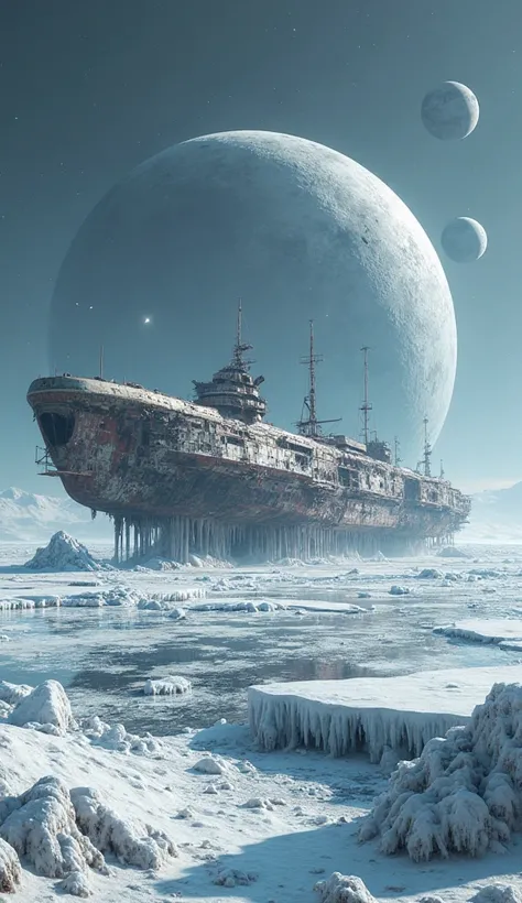 An icy planet with two moons. In the background, a large, dilapidated spaceship sits on the ice, with icicles scattered here and there. It's easy to see that it's been abandoned there for a long time. A probe finds the ship and photographs it.