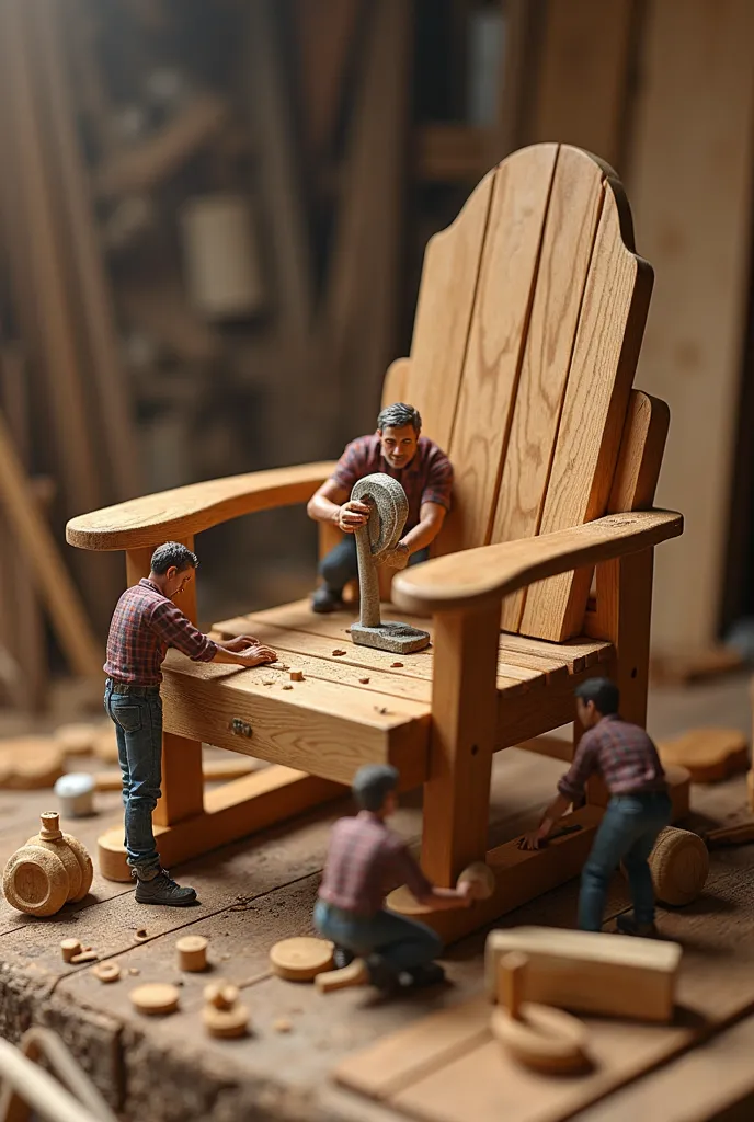 Carpenters & Woodworkers: Miniature carpenters carving and assembling a giant wooden chair, with some sanding down the surface while others hammer enormous nails. The wood texture is rich and detailed, with cinematic lighting highlighting the craftsmanship