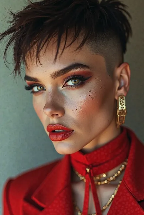  A close-up shot of a model with ultra-short hair and bold makeup, wearing a striking Gucci-inspired outfit. Photorealistic textures, high-fashion energy.