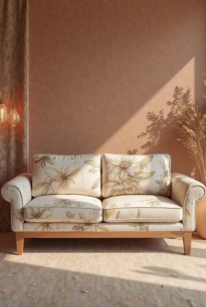 Sofa with a light print of passionflower in earthy tones