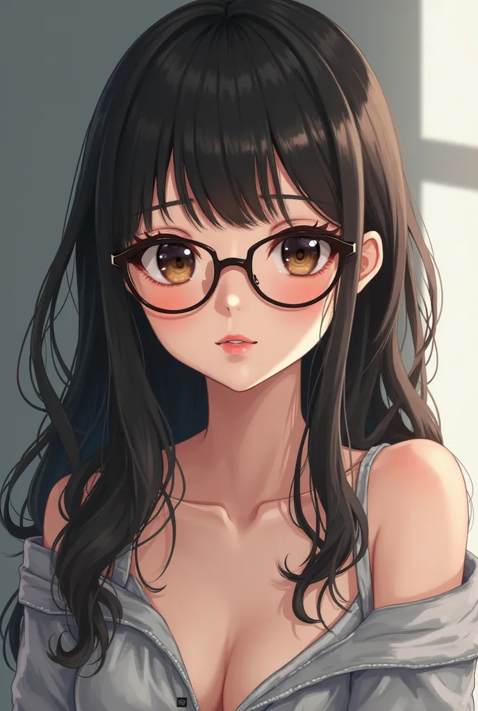 Girl 165 cm tall. Her hair is black with bangs, brown and black eyes. With a small nose, and a high nose. Bright black big eyes, that turn brown in the light,  plump lips . Wearing, glasses and a great figure. She has a slightly Japanese nationality. 