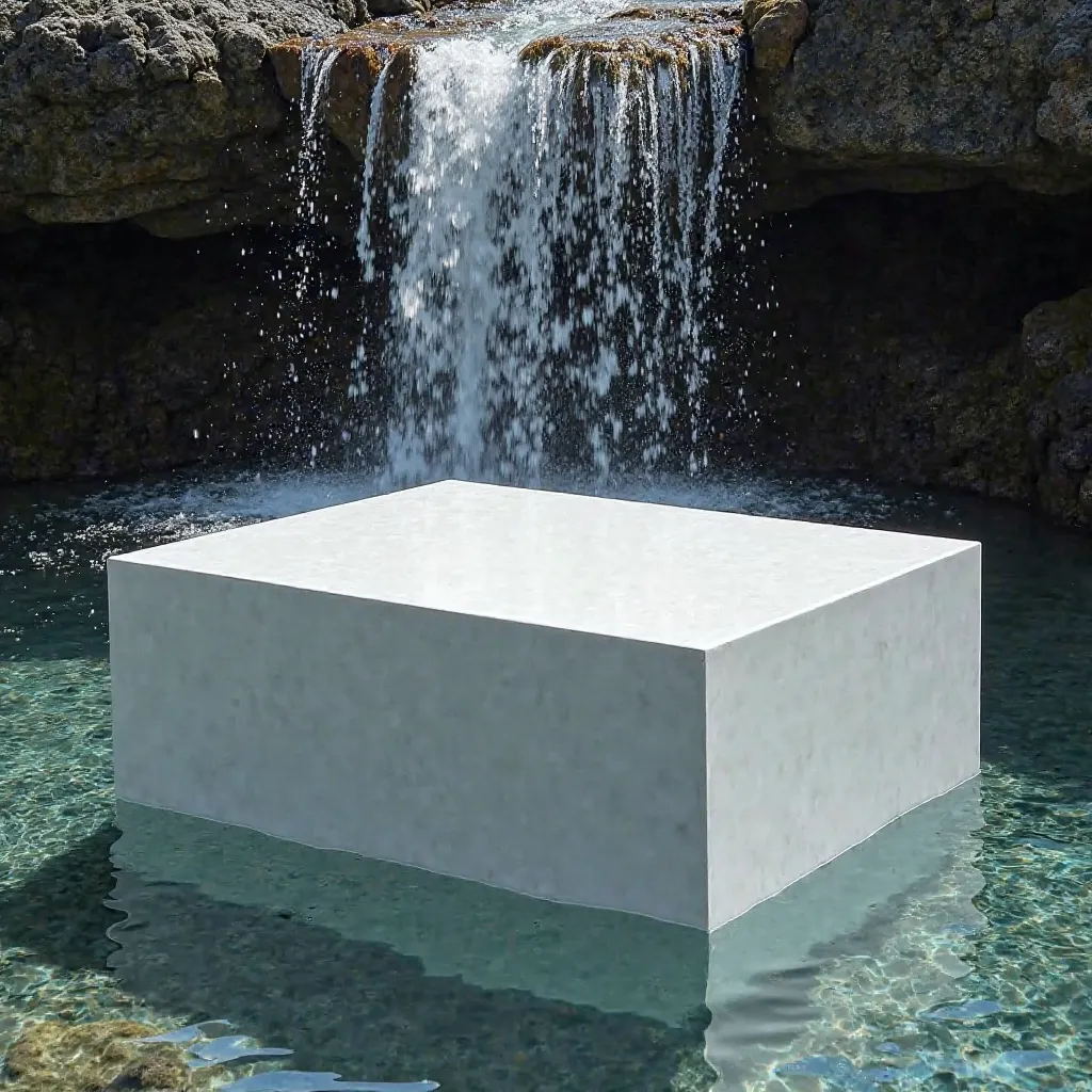 a white MDF table, under a waterfall with black rocks, water falling on top of it and 20% submerged in clean, crystal clear water, a table that does not wet the water particles, crystallized in droplets that do not penetrate the table