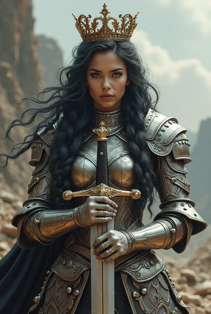 Create a girl with long black wavy hair in braid, of armor, a sword and a crown in the hand 