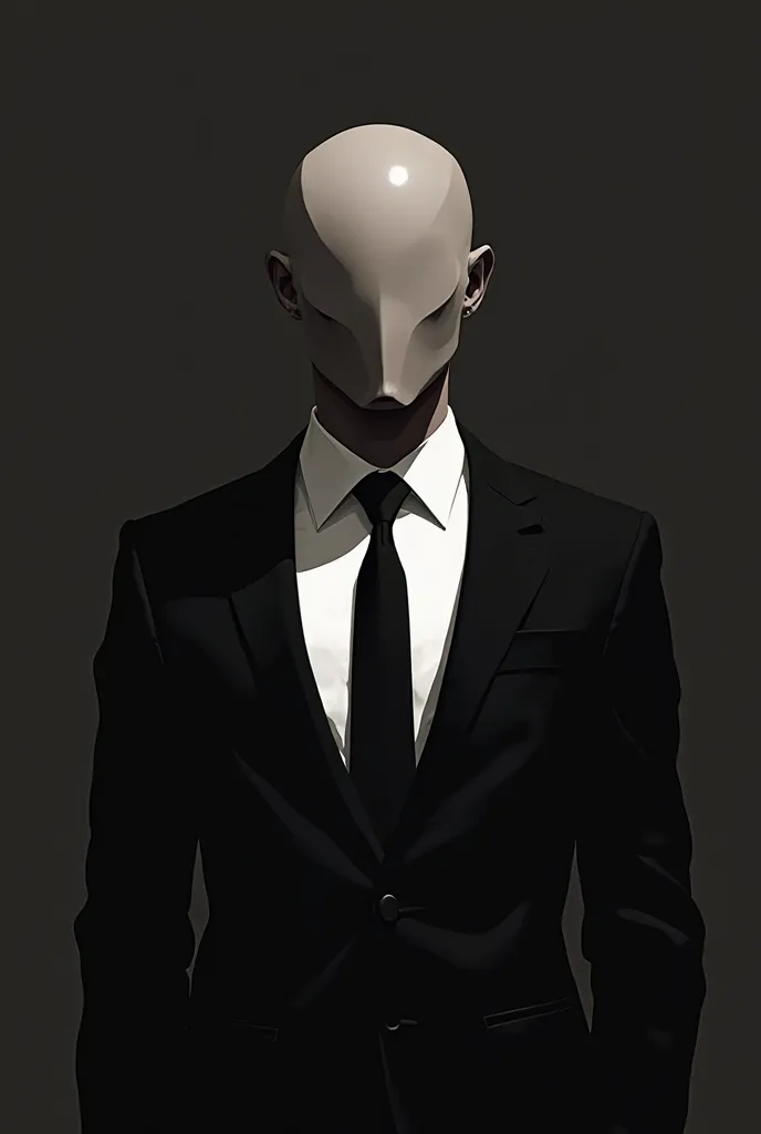 "A minimalist and stylized illustration of a mysterious man wearing a black suit,  white shirt and black tie . The face is completely featureless, maintaining an abstract and enigmatic design. The art style is inspired by noir animations and modern graphic...