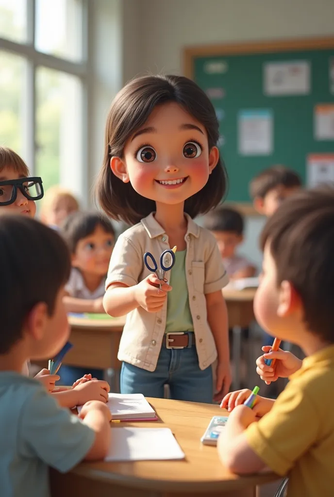  girl handing out scissors to other ren in a school classroom 