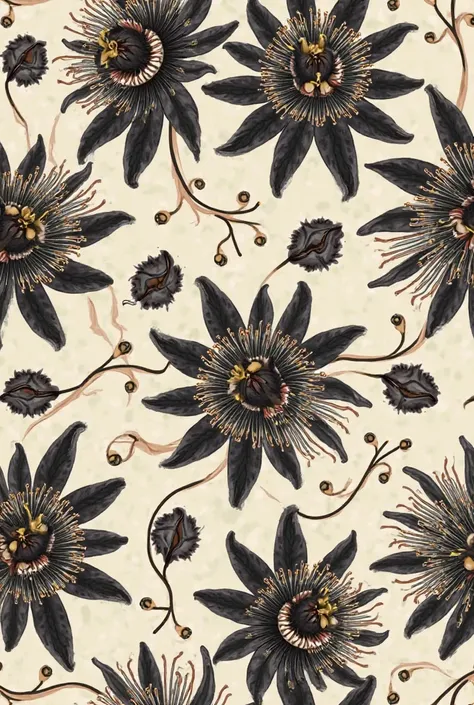 Generate a textile repeat print of passionflower in blblack and beige colour