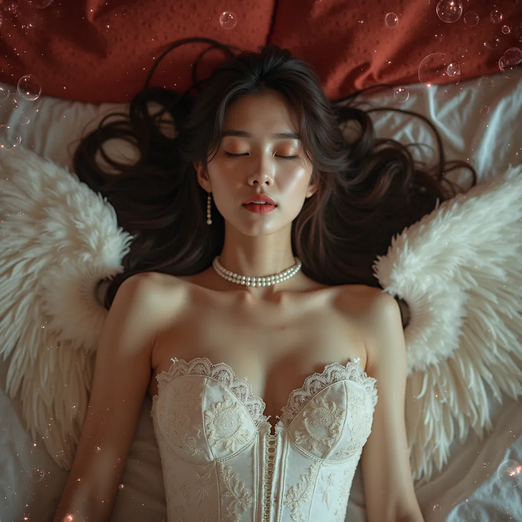 A Korean woman with long Brown hair lying down, wearing a lacy white corset adorned with angel wings. Her dark hair contrasts with the white feathers, and her long, red nails add a dramatic touch.  she has a serene expression , with the eyes closed, and we...