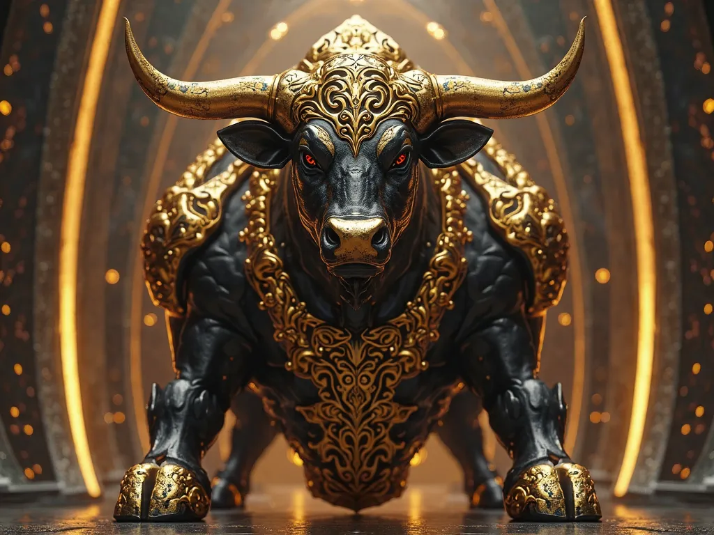 "Create a hyper-realistic digital image of a majestic and imposing bull, positioned in a futuristic and armored architectural setting. The bull must have a powerful appearance, muscular and sophisticated, with bright golden horns and a determined look.

In...